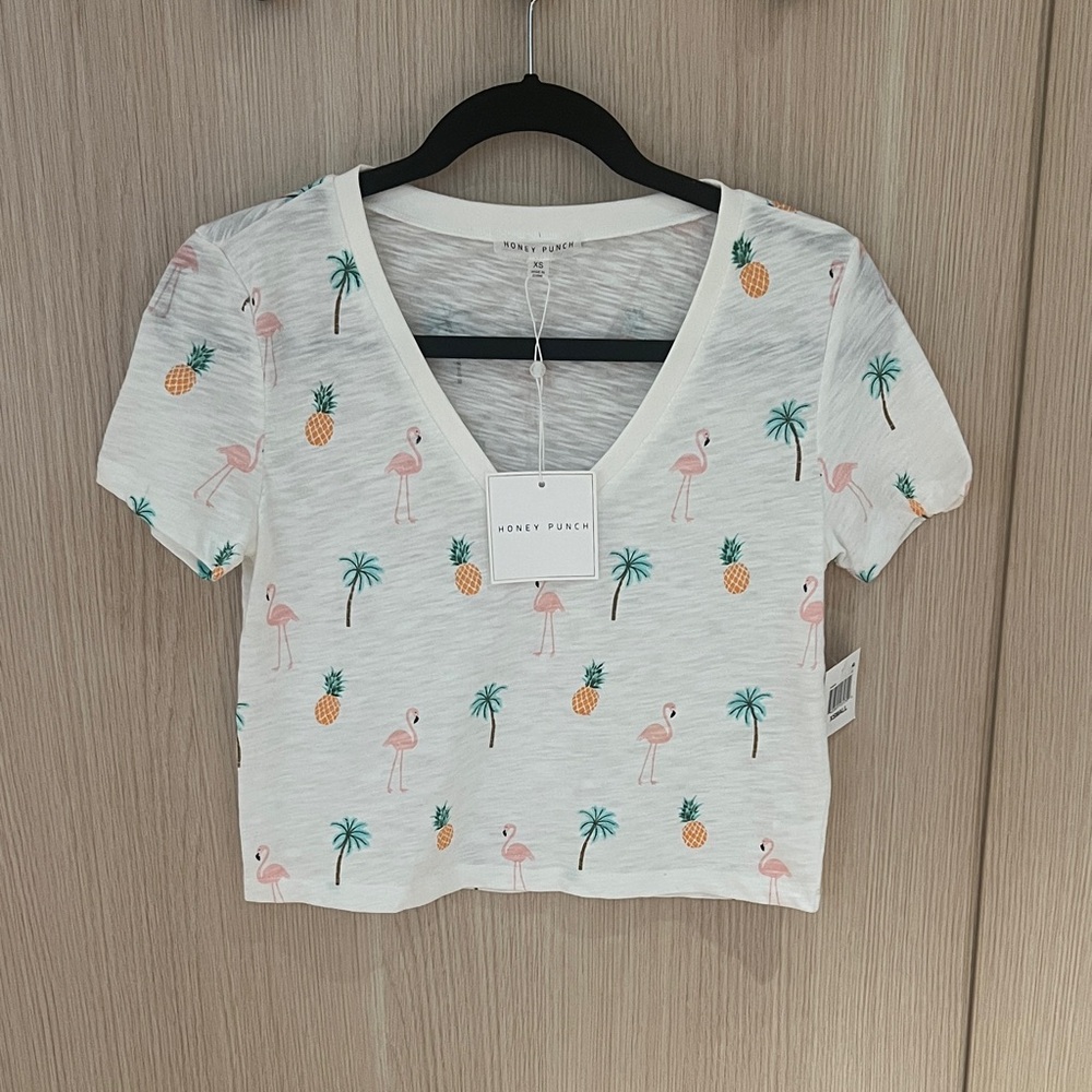 Honey Punch Tropical Flamingo and Pineapple Crop Top